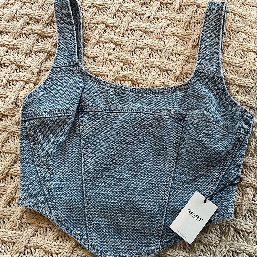 NEW 2pc Forever 21 Denim Crop Top & Skirt Chevron pattern Med Denim Small Medium - Picture 6 of 16